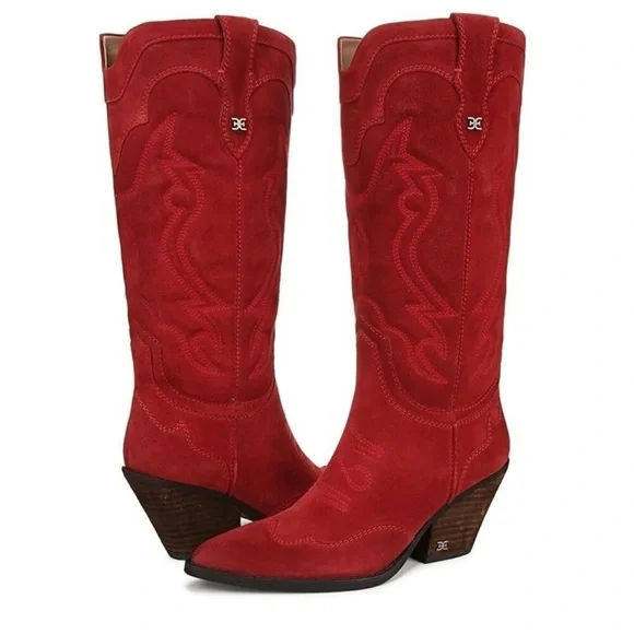 NEW! Sam Edelman James Wide Calf Western Boot Red Suede - Wide Sizes Only 🏠 - Picture 5 of 10